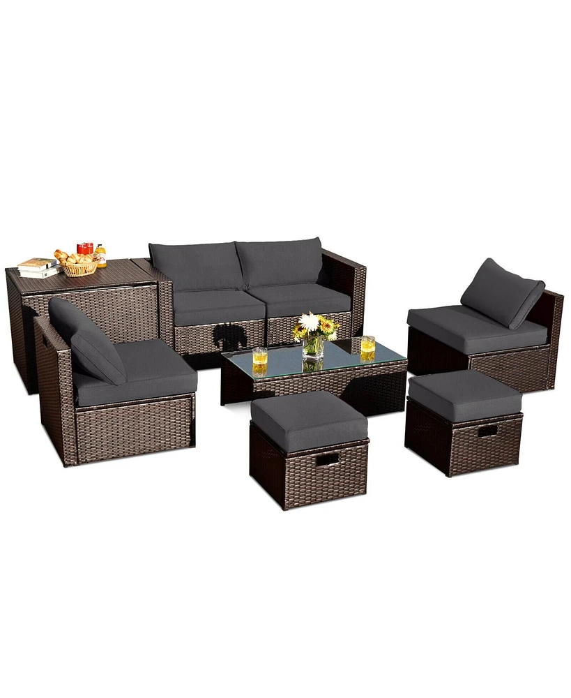 8 Pieces Patio Space-Saving Rattan Furniture Set with Storage Box and Waterproof Cover