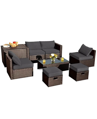8 Pieces Patio Space-Saving Rattan Furniture Set with Storage Box and Waterproof Cover