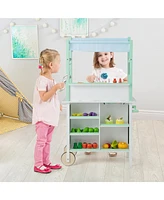 Gymax Double-Sided Pretend Play Kitchen Kids Wooden Grocery Stand w/ Remote Control