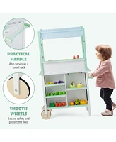 Gymax Double-Sided Pretend Play Kitchen Kids Wooden Grocery Stand w/ Remote Control