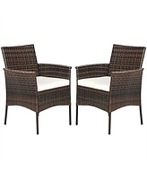 Gymax Patio 2PCS Rattan Arm Dining Chair Cushioned Sofa Furniture Brown