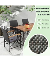 Gouun Acacia Wood Table and 6 Wicker Chairs with Umbrella Hole-x-side Handrail