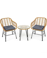 Gouun 3 Pieces Rattan Furniture Set with Cushioned Chair Table