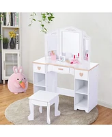 gaomon Kids Vanity, Pretend Play Vanity Set with Stool and Tri-Fold Mirror