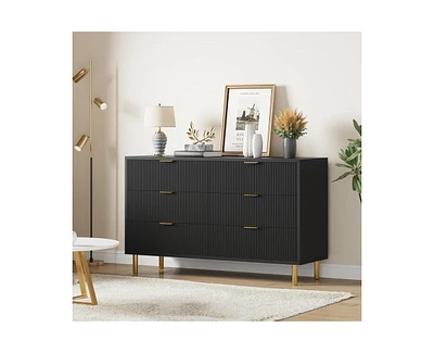 gaomon Modern 6 Drawer Dresser for Bedroom with Gold Handle and Large Drawer, Wood Double Chest of Drawers and Storage Organizer for Living Room