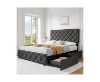 gaomon Queen Bed Frame with 4 Storage Drawers, Linen Upholstered Platform Adjustable Headboard, Diamond Stitched Button Tufted, No