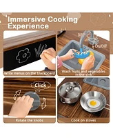 Gymax Kids Mud Kitchen Play Kitchen w/ Blackboard Stoves Removable Sink Natural