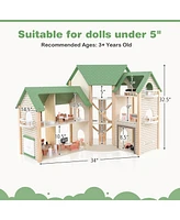 Gymax Wooden Corner Dollhouse Playset with 36 Pieces of Furniture and Accessories