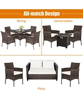 Gymax Patio 4PCS Rattan Arm Dining Chair Cushioned Sofa Furniture Brown