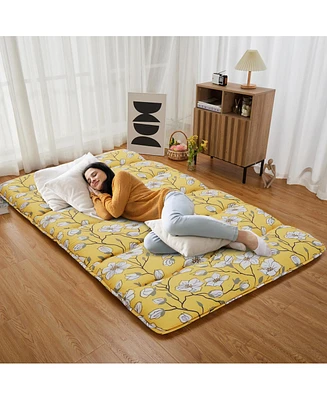 gaomon Japanese Floor Mattress Full, Thick Tatami Roll-Up Mattress for Camping & Guest Room, Yellow Flower Design