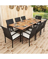 Gouun 9-Piece Patio Dining Set with Umbrella Hole and 8 Rattan-woven Dining Chairs with Seat Cushions