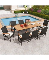 Gouun 79 Inch Outdoor Acacia Wood Dining Table and 8 Rattan-woven Dining Chairs with Umbrella Hole