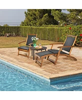 Gouun Patio Rattan Folding Lounge Chair with Acacia Wooden Frame Retractable Footrest