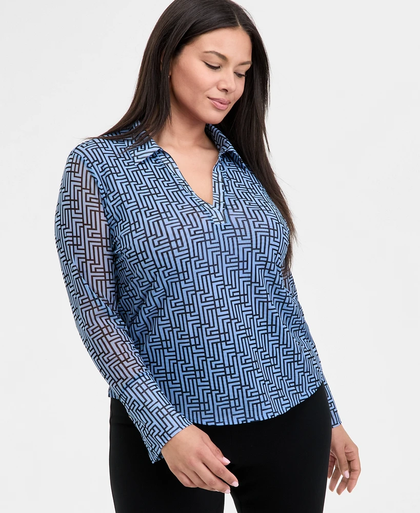 INC Plus Printed Mesh Johnny Collar Top, Exclusively at Macy's