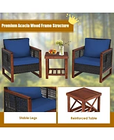 Gouun 3 Pieces Patio Wicker Furniture Set with Acacia Wood Table and Washable Cushion