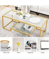 Gouun Modern 2-Tier Rectangular Table with Glass Table Top