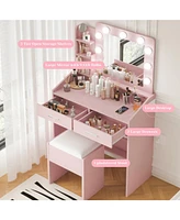 gaomon Vanity Desk with Mirror and Lights, Makeup Vanity with Power Outlet & Cushioned Stool