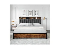 gaomon King Size Bed Frame with Storage Linen Upholstered Headboard, 4 Drawers Platform Bed Frame with Charging Station, No Box Spring Needed