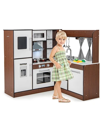 Gymax Wooden Corner Play Kitchen w/ Lights & Sounds Water Circulation System for Kids