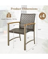 Gymax Outdoor Rattan Chair Set of 4 Patio Pe Wicker Dining Chairs w/ Acacia Wood Armrests Balcony Poolside