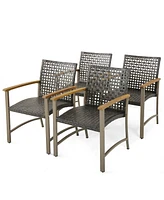 Gymax Outdoor Rattan Chair Set of 4 Patio Pe Wicker Dining Chairs w/ Acacia Wood Armrests Balcony Poolside