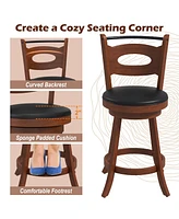 Gymax Set of 4 360° Swivel Bar Stools Dining Chairs Rubber Wood Leather Padded Seat Brown & Black