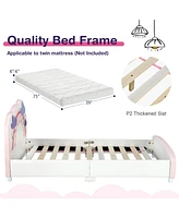 Gouun Kids Twin Size Upholstered Platform Wooden Bed with Rainbow Pattern