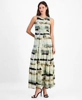 Anne Klein Women's Printed Smocked-Bodice Tiered Maxi Dress