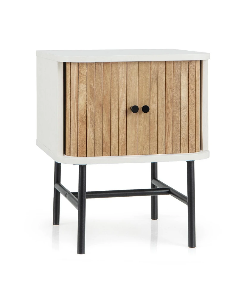 Mid-century Modern Nightstand with Sliding Doors and Storage Cabinet