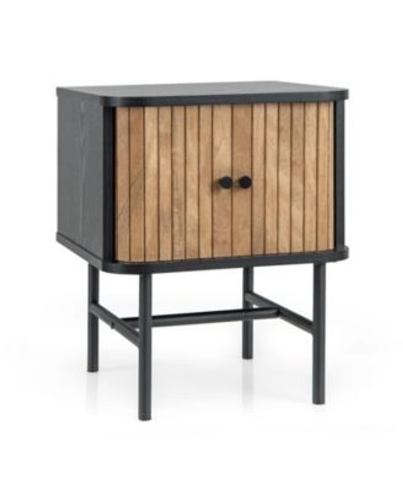 Mid Century Modern Nightstand With Sliding Doors Storage Cabinet