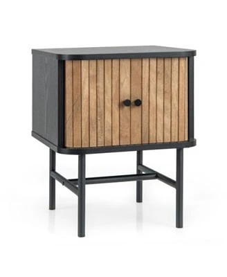 Mid Century Modern Nightstand With Sliding Doors Storage Cabinet