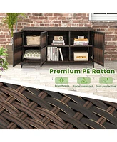 Gouun 84 Gallon Patio Wicker Deck Box 3-Door Pe Rattan Storage Container with Removable Shelves