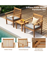 3 Pieces Patio Wood Furniture Set with soft Cushions for Porch