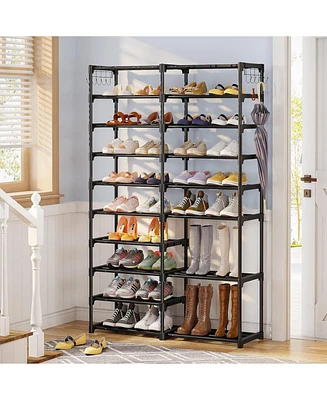 Tribesigns Shoe Rack Organizer, 36-44 Pairs Shoe Storage Shelf, 10 Tiers Shoe Stand, Shoe Rack for Closet, Boot Organizer with 2 Hooks, Stackable Shoe