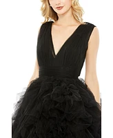 Mac Duggal Women's Ruffled Cap Sleeve V-Neck A Line Tulle Dress