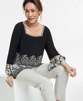 Jm Collection Women's Embroidered Ruffled-Cuff Top, Exclusively at Macy's