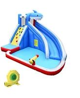 Gymax Inflatable Water Park Bounce House Slide Shark w/ Climbing Wall Splash Pool