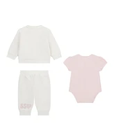 Guess Baby Girl Short Sleeve Bodysuit, Active Zip-Up Sweatshirt, and Pant, 3-Piece Set