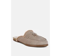 Rag & Co Bosnia Suede Faux Fur Slip On Mules