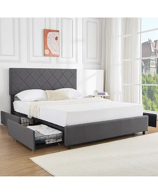 gaomon Bed Frame with Adjustable Velvet Headboard, Upholstered Bed Frame with 4 Storage Drawers, Noise-Free, No Box Spring Needed, Easy Assembly Queen