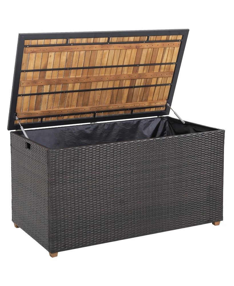 Gouun 134 Gallon Rattan Storage Box with Zippered Liner and Solid Acacia Wood Top