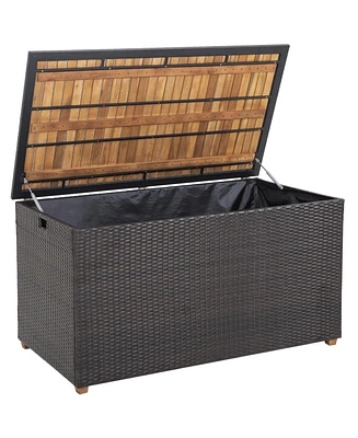 Gouun 134 Gallon Rattan Storage Box with Zippered Liner and Solid Acacia Wood Top