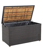 Gouun 134 Gallon Rattan Storage Box with Zippered Liner and Solid Acacia Wood Top