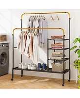Gouun Rolling Double Rods Garment Rack with Height Adjustable Hanging Bars
