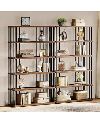 Tribesigns 6-Tier Tall Bookshelf Set of 2, 67" Wood Display Rack for CDs/Movies/Books, Open Etagere Shelf with Metal Frame, Industrial Storage Shelvin