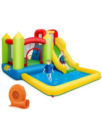 Gymax Inflatable Bounce House Water Slide Bouncer Pool w/ Climbing Wall & 550W Blower