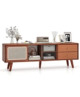 Costway Bamboo Tv Stand Console Table with Pe Rattan Door & 2 Drawers for up to 65"