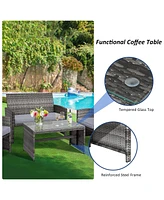 Gouun 4 Pieces Patio Rattan Furniture Set with Glass Table and Loveseat