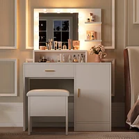 gaomon Vanity Desk with Mirror & Lights, Makeup Vanity Table with Large Drawers and 3 Level Storage & Tiers of Open Shelves
