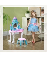 Qaba Kids Vanity Set with Mirror and Stool, Light, Music, Castle Design